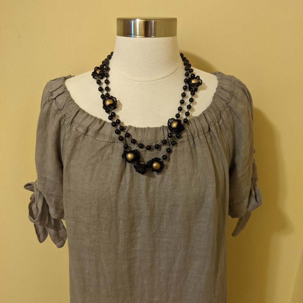 Black Beaded Rope Necklace with Large Gold Accent Beads Wrapped in Black Lace